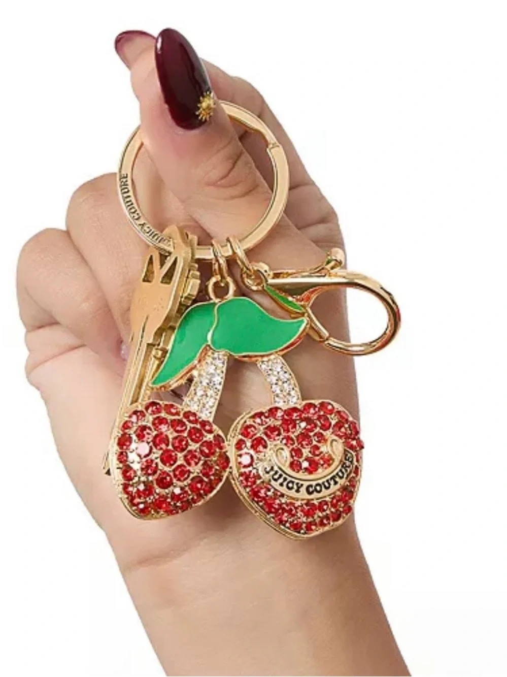 Juicy Couture Red Crystal Cherry Bag Charm Key Ring with Green Enamel Leaves
